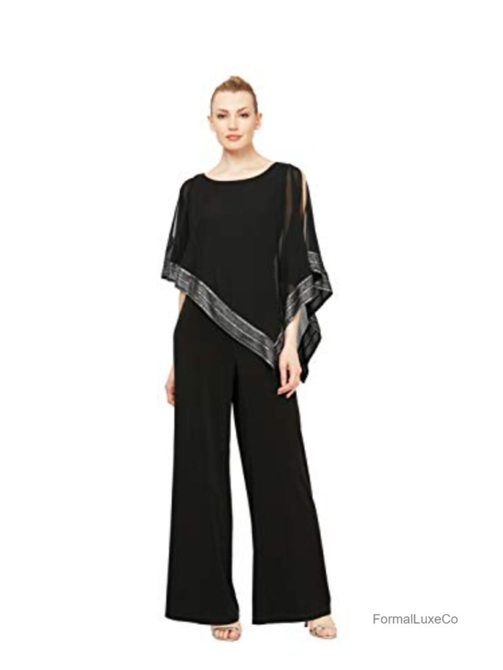 Sleeveless Cape Jumpsuit Foil Trim Wide Leg Ity Petite